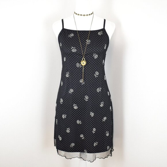 VTG 90s Y2K Mandee Black Sheer Mesh White Floral Polka Dot Mini Shift Dress Sz M - Picture 1 of 8